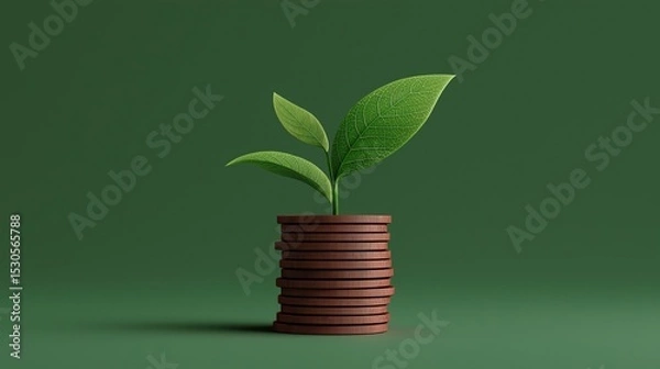 Fototapeta Small plant growing out of a stack of coins. the coins are arranged in a cylindrical shape and are of different shades of brown. the plant has two green leaves that are slightly curled at the tips.