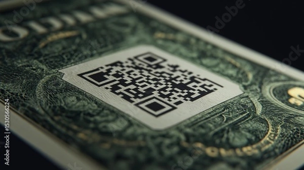 Fototapeta Close-up of a dollar bill with a qr code on it. the qr code is in the center of the bill and is white in color.