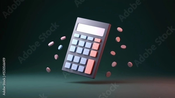 Obraz Digital illustration of a calculator. the calculator is in the center of the image and is grey in color. it has a large screen on the top and several buttons on the front panel.