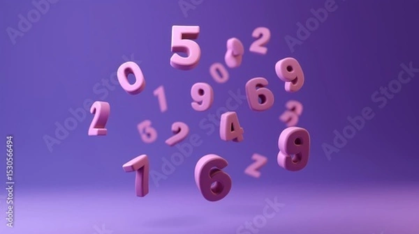 Fototapeta Group of pink numbers floating in the air against a purple background. the numbers are arranged in a scattered manner, with some overlapping each other.