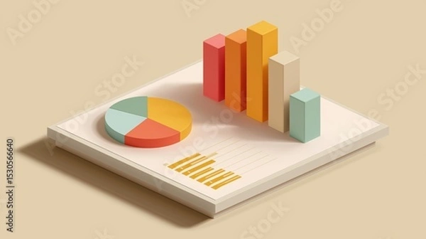 Fototapeta 3d illustration of a bar graph and a pie chart on a white surface. the bar graph is divided into four sections, each with a different color - pink, orange, yellow, and green.