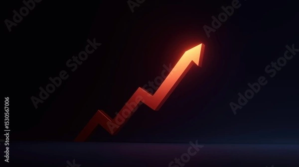 Fototapeta 3d rendering of a red line graph on a black background. the line graph is in the shape of an arrow, with the top pointing upwards and the bottom pointing downwards.