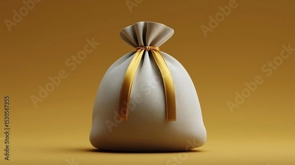 Fototapeta 3d rendering of a small, round, beige-colored bag with a golden ribbon tied in a bow on top. the bag appears to be made of a soft, textured material, possibly fabric or a similar material.