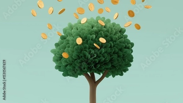 Fototapeta Digital illustration of a tree with green leaves and a brown trunk. the tree is in the center of the image and is surrounded by a light blue background.