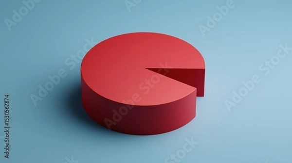 Fototapeta 3d rendering of a red pie chart on a light blue background. the pie chart is circular in shape and appears to be made of a smooth, glossy material.
