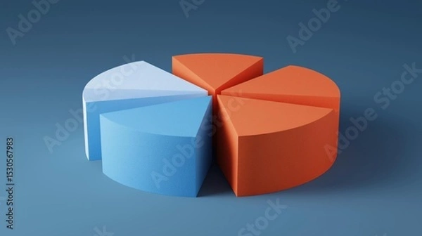 Obraz 3d rendering of a pie chart. the pie chart is divided into four sections, each with a different color - blue, orange, and red.