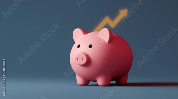 Obraz 3d rendering of a pink piggy bank with a yellow arrow pointing upwards. the background is a solid blue color. the pig is standing on all fours and is facing towards the right side of the image.