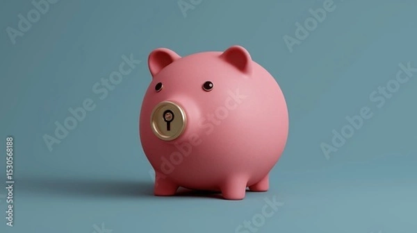 Fototapeta 3d rendering of a pink piggy bank with a keyhole in the center. the bank is standing upright on a light blue background. the pig is facing towards the right side of the image and appears to be empty.