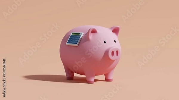 Fototapeta 3d rendering of a pink piggy bank with a small solar panel on top of it. the pig is standing on all fours and is facing towards the right side of the image. the background is a plain peach color.