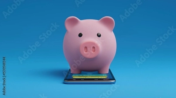 Fototapeta Pink piggy bank standing on top of a smartphone. the phone is placed on a blue background. the piggybank is facing towards the right side of the image and appears to be standing upright.