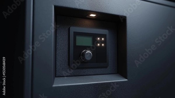 Fototapeta Close-up of a black electronic device mounted on a dark grey wall. the device appears to be a control panel with a rectangular shape and a small screen in the center.