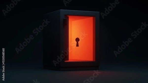 Fototapeta 3d rendering of a small, square-shaped cabinet with a keyhole in the center. the cabinet is black and has a dark background. the door of the cabinet is open, revealing an orange-colored interior.