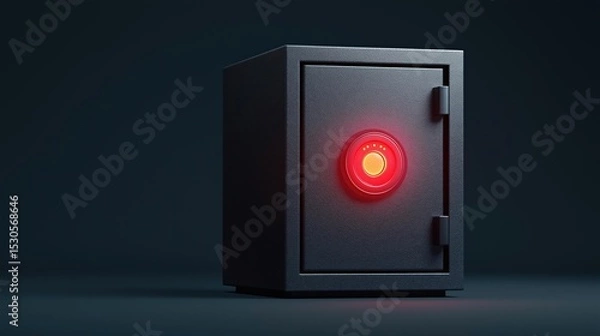 Fototapeta Black metal safe box with a red circular button on the front. the door of the safe is open, revealing the interior. the background is dark, making the red button stand out.