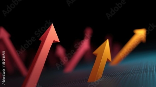 Fototapeta Group of red and orange arrows pointing upwards on a black background.
