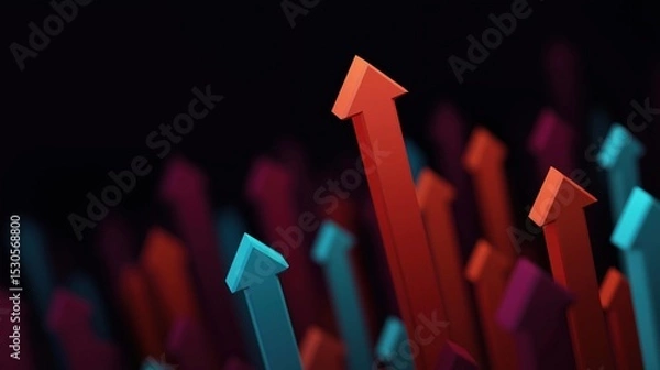 Fototapeta Close-up of a group of colorful arrows pointing upwards. the arrows are of different colors - red, orange, blue, pink, and purple - and are arranged in a diagonal line.