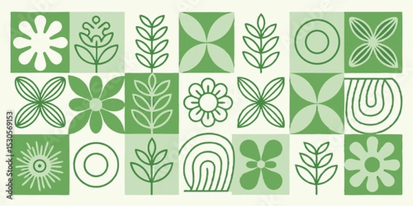 Fototapeta Green botanical pattern with flowers leaves and geometric shapes in a square grid arrangement design
