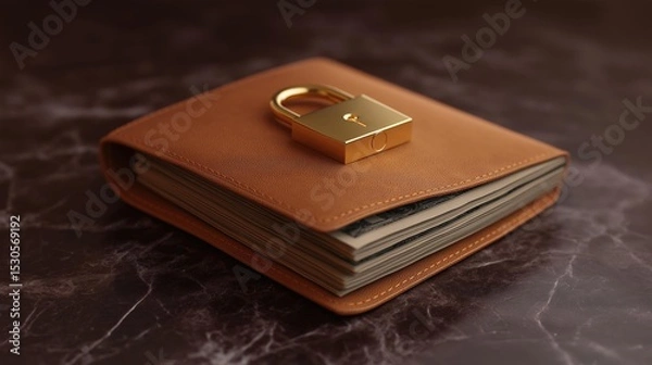 Fototapeta Brown leather wallet with a gold padlock on top of it. the wallet is open and appears to be lying on a dark marble surface.