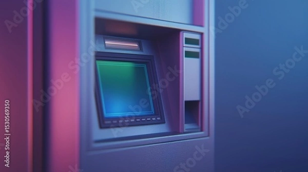 Obraz Atm machine with a blue and pink color scheme. the machine has a rectangular screen in the center with a green screen on the right side. the screen appears to be displaying a message or information.