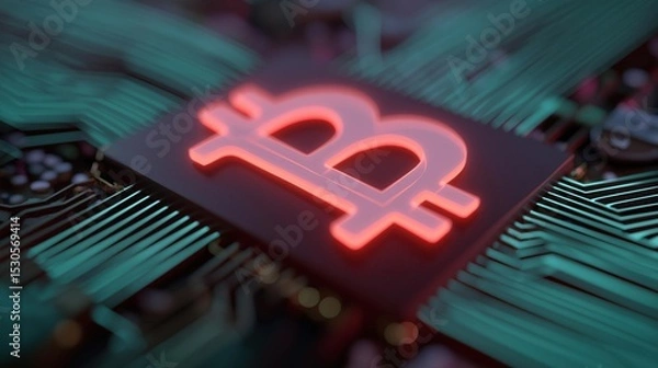 Obraz Close-up of a computer chip with a red bitcoin symbol on it. the chip is placed on top of a circuit board with green and blue lines and dots.