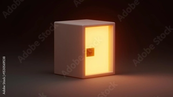 Fototapeta 3d rendering of a square-shaped lamp with a square base. the lamp is lit up with a warm orange glow, creating a contrast between the light and the dark background.