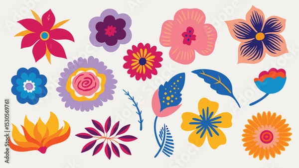 Fototapeta Collection of vibrant hand drawn flowers with various shapes and colors on a light background design