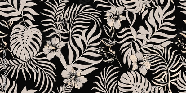 Fototapeta Black background with white tropical leaves and flowers in a repeating pattern design element art