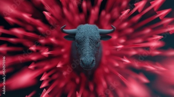 Fototapeta Close-up of a bull's head in the center of a red flower. the bull's face is in the foreground, with its horns pointing upwards.