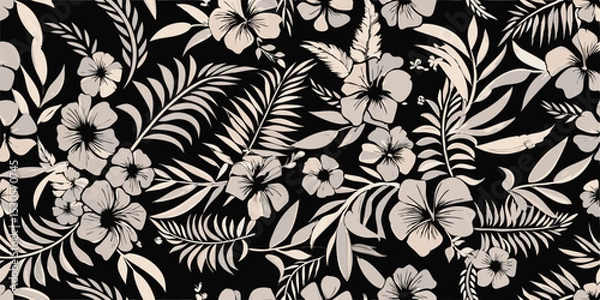 Fototapeta Monochrome floral pattern featuring hibiscus flowers and palm leaves on a black background in a seamless design