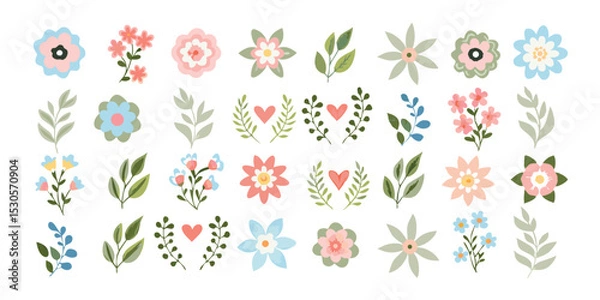 Fototapeta Collection of watercolor style flowers and leaves in various colors arranged in a grid pattern on white