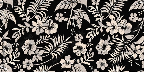 Fototapeta Floral pattern with hibiscus flowers and tropical leaves on a black background creating a seamless design