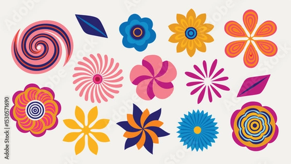 Fototapeta Collection of vibrant floral elements and leaf shapes in varied colors and designs arranged together