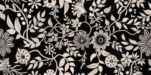 Fototapeta Illustration of a black background with white floral pattern and botanical elements in monochrome style