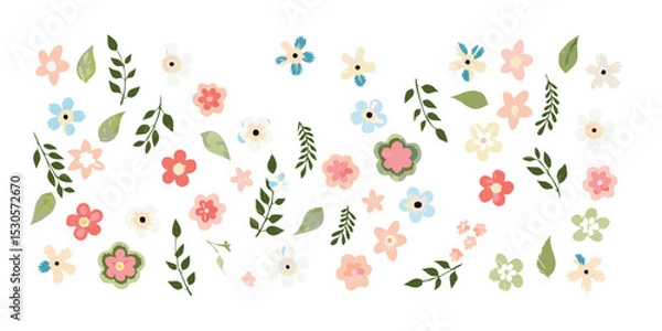 Fototapeta Assorted watercolor flowers and leaves scattered on a white background creating a floral pattern design