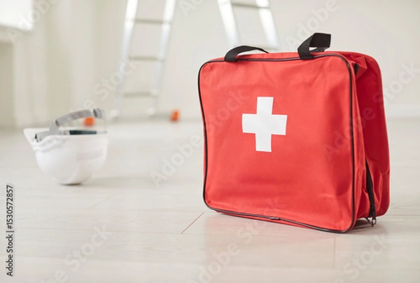 Fototapeta Closeup of red bag with first aid kit standing in empty building site with safety helmet and construction ladder on floor. Emergency, health insurance and job accident at work concept.