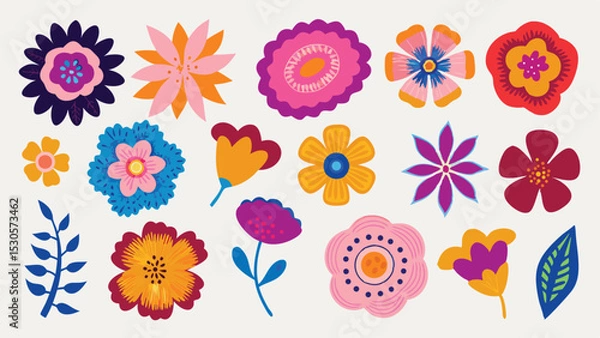 Fototapeta Collection of colorful hand drawn flowers and leaves in various shapes and sizes arranged on a white background