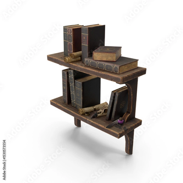 Fototapeta Vintage wooden bookshelf with old books and skulls isolated on transparent background