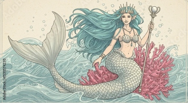 Fototapeta Mermaid Queen Seated on Coral in Line Art Style