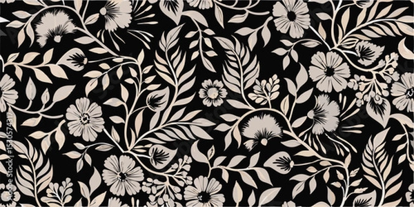 Fototapeta Floral pattern with white flowers and leaves on a black background creating a dense and elegant design look