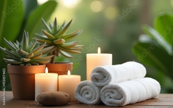 Fototapeta Spa towels with candles and plants promoting nature-inspired wellness and calming rhythms. High quality