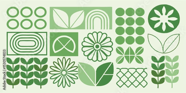 Fototapeta Botanical pattern with leaves circles rainbow and floral elements in shades of green aesthetic design