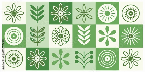 Fototapeta Assorted green and white floral and geometric pattern in a tiled square arrangement design style