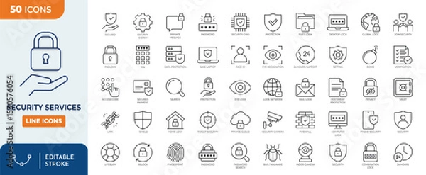 Fototapeta Security Services line editable icon set. Containing Guard, cyber security, password, smart home, safety, data protection, key, shield, lock, and more. Editable stroke. Vector illustration