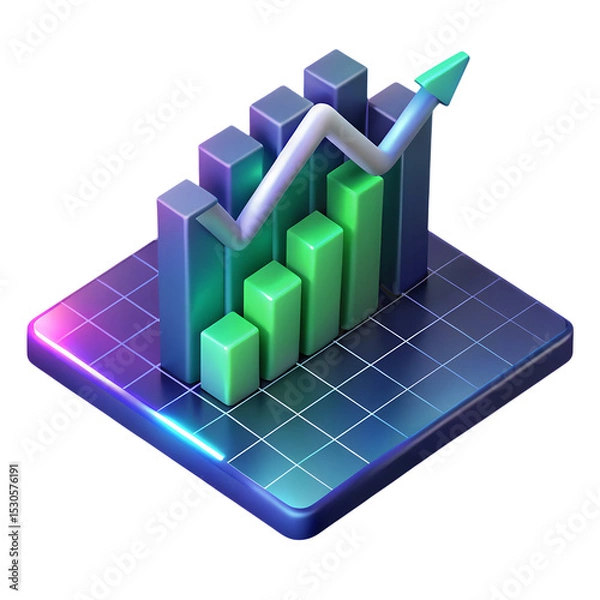 Obraz Isometric Growth Chart with Arrow, Financial Performance Rising on Neon Grid.