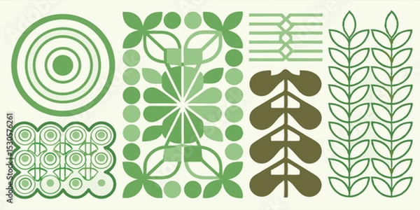 Fototapeta Geometric pattern featuring circles leaves and abstract floral elements in shades of green and olive drab