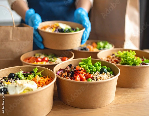Fototapeta A person wearing blue gloves is carefully arranging colorful, fresh poke bowls filled with vegetables, greens, and proteins into eco-friendly containers for takeaway service.