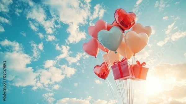 Fototapeta A Box flying on a parachute with pink cloud in valentine day,package flying down from sky and cloud with parachute, concept for delivery service,shopping online,air delivery service.