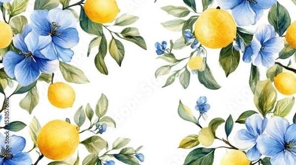 Fototapeta Watercolor Lemon tree branches seamless border,lemon set On a white background,Summer citrus fruit,Juicy colors,Hand drawn lemon set,Botanical illustration collection,Whole lemons,banner menu drink.