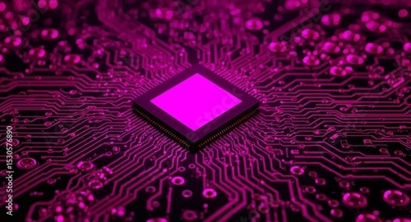 Fototapeta Futuristic Pink Microchip on Circuit Board. A Glimpse into Technological Innovation.
