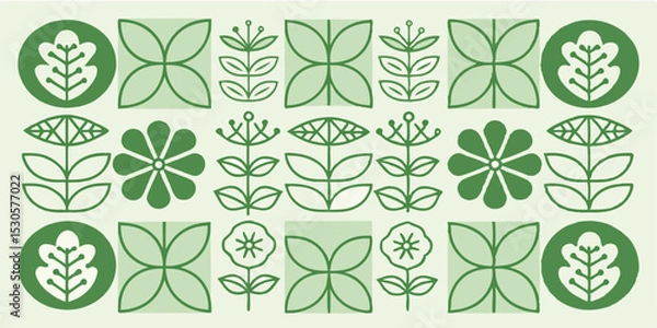 Fototapeta Pattern of green floral and leaf designs arranged in rows and columns on a light background color