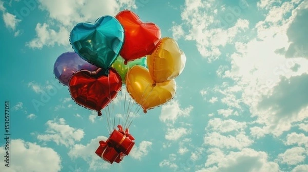Fototapeta A Box flying on a parachute with pink cloud in valentine day,package flying down from sky and cloud with parachute, concept for delivery service,shopping online,air delivery service.